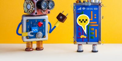 Autonomous car taxi service advertising poster.