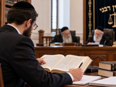 טוען רבני לומד מקורות הלכתיים לקראת ייצוג בבית הדין הרבני