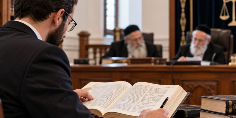 טוען רבני לומד מקורות הלכתיים לקראת ייצוג בבית הדין הרבני
